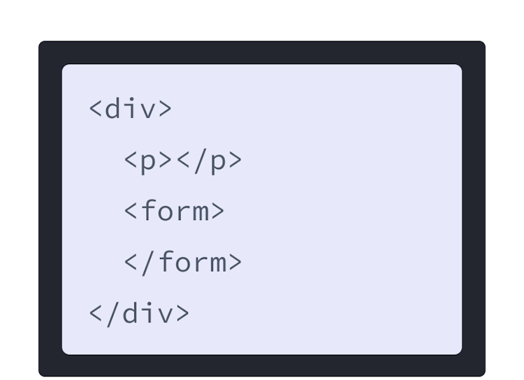 ترميز HTML بخلفية بنفسجية و div يحتوي على علامتي p و form كطفلين له.