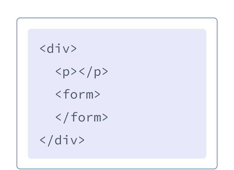 ترميز HTML بخلفية بنفسجية و div يحتوي على علامتي p و form كطفلين له.